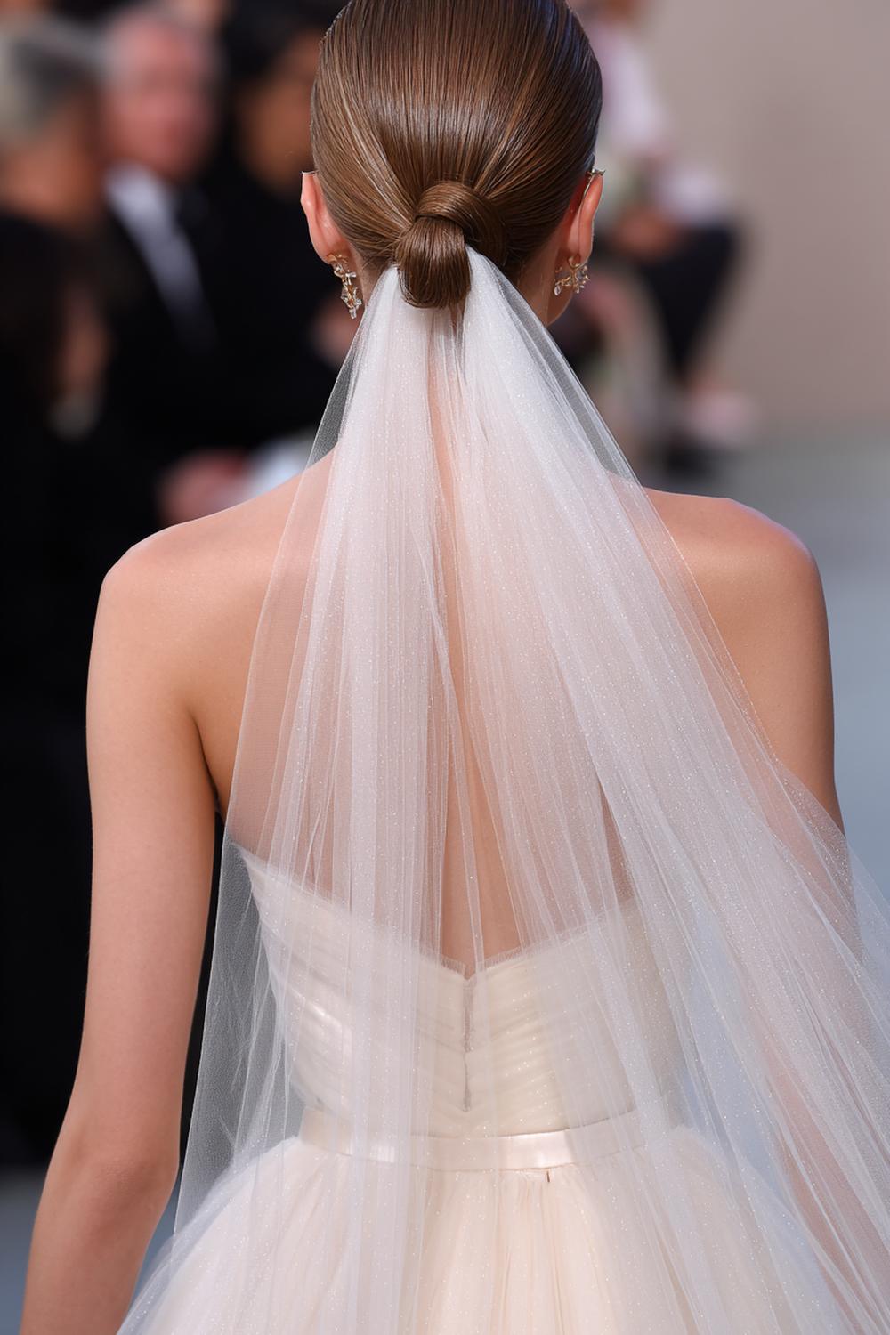 11. Fresh Hair Ideas 2026: Low Knotted Bun with Center Part and Shine Veil