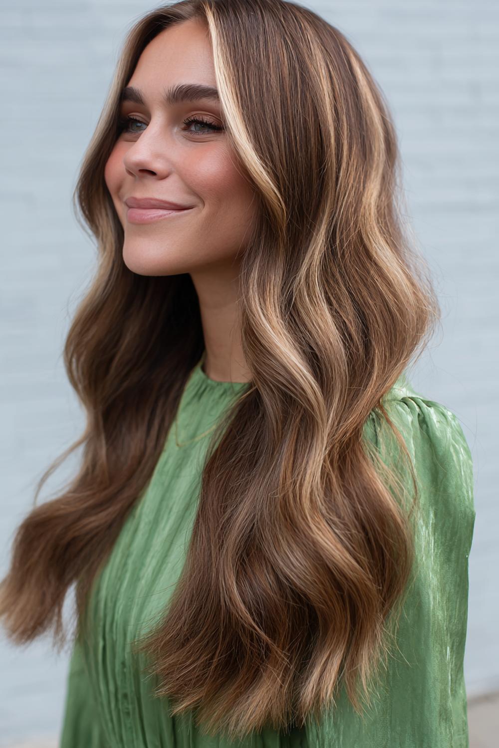 31. Modern Hair Looks 2026: Ribbon Highlights on Long Hair With Soft Waves and Dimensional Shine