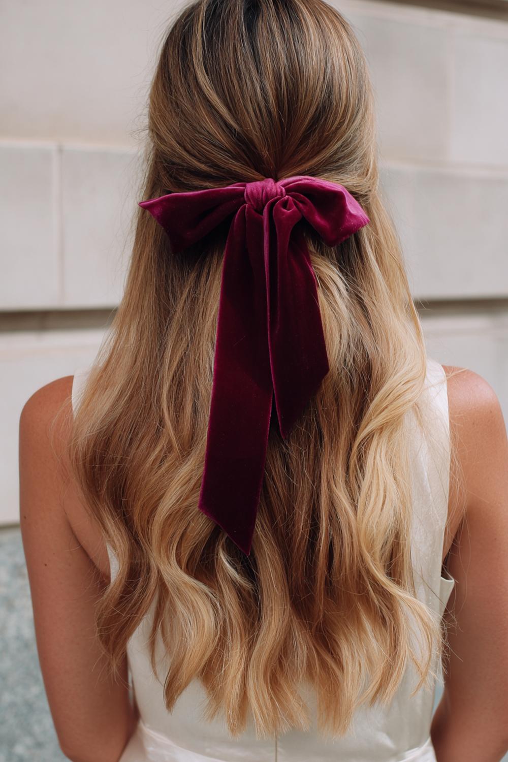 19. Pinterest Hair Inspiration 2026: Half-Up Bow Hairstyle with Velvety Ribbon and Soft Waves