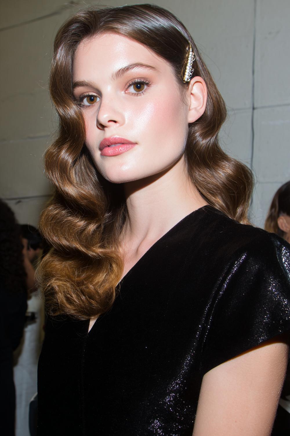 20. Pinterest Hair Inspiration 2026: Side-Swept Hollywood Waves with Glossy Finish and Clip Detail