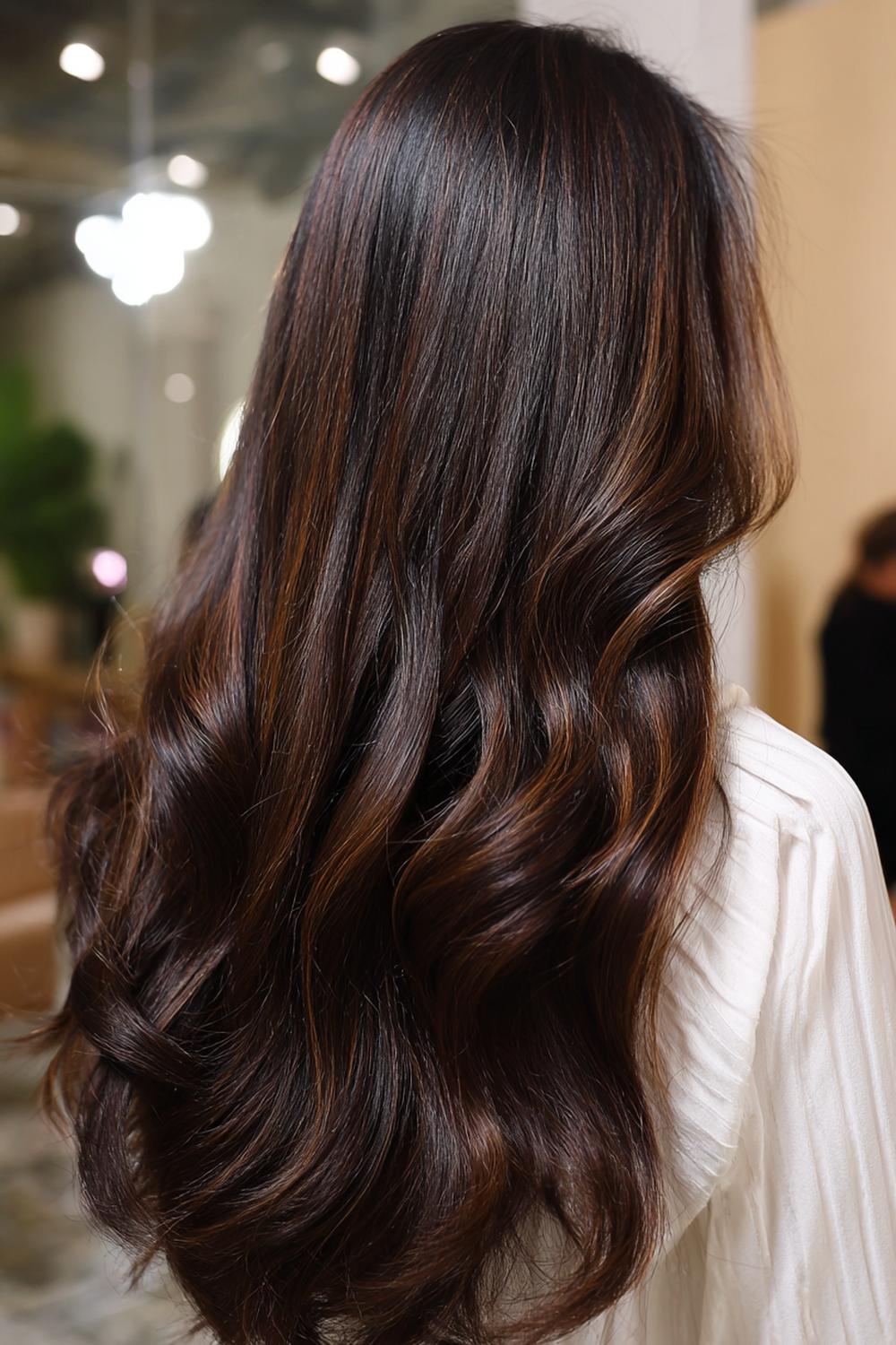 5. Pinterest Hair Inspiration 2026: Espresso Ribbon Highlights on Long Layers with Velvety Shine