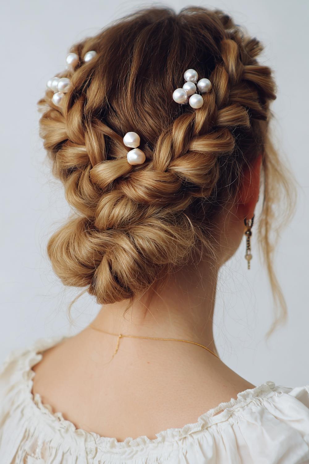14. Popular Hairstyles 2026: Braided Crown Updo With Pearl Pins and Soft Volume